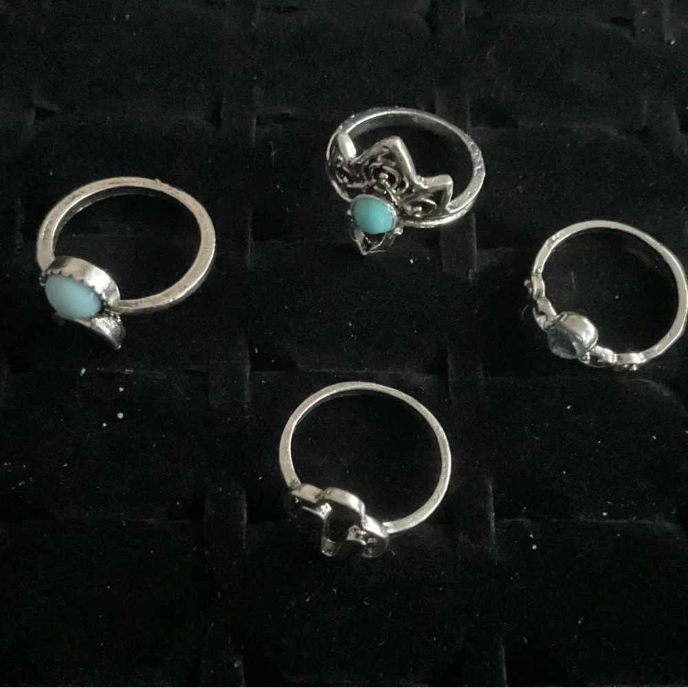 Silver Tone Rings x4 Cactus Cross Synthetic Blue Topaz Turquoise Boho Set Size 4